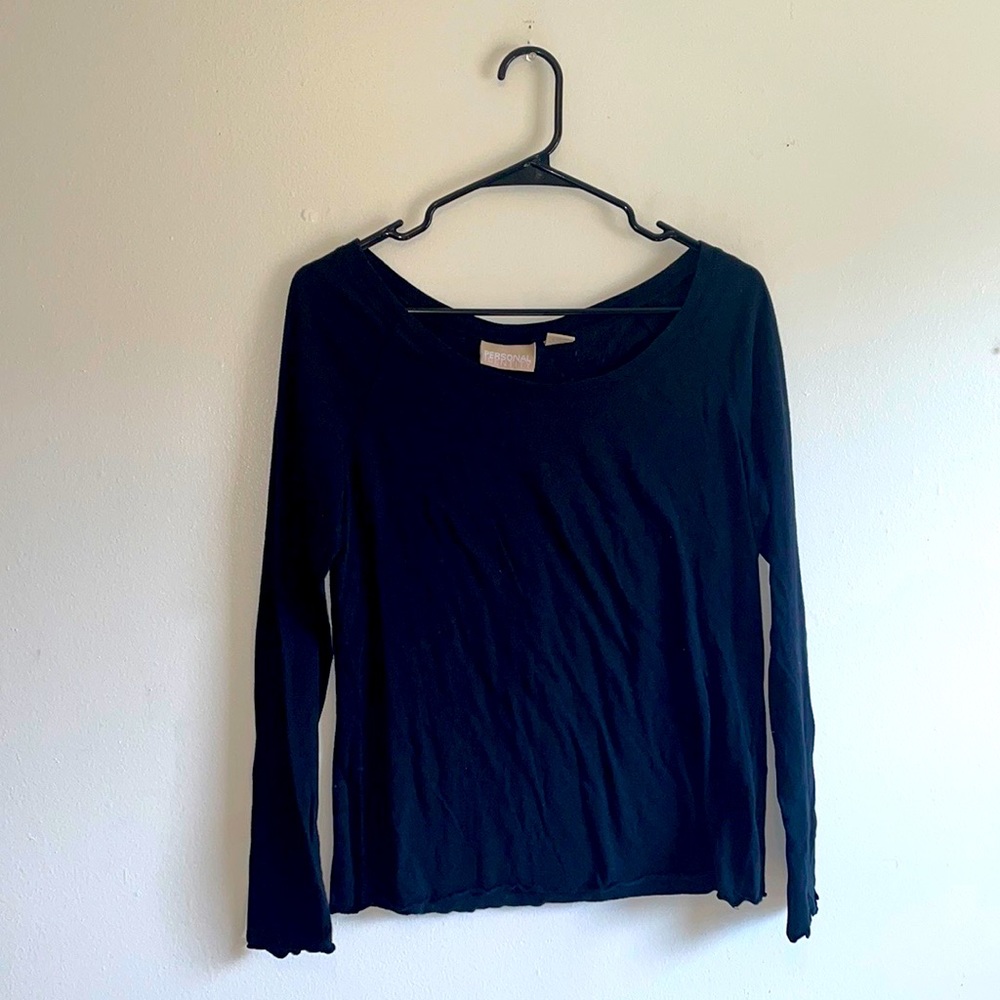 Personal Identity Long Sleeve Crew Neck Simple Black Top